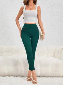 SHEIN Essnce 女士純色多拉鍊設計3/4長緊身褲 - 墨綠色 - 查看 5