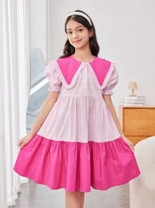 SHEIN Tween Girls' Loose Cute School Daily Color Block Bubble Sleeve Midi Dress