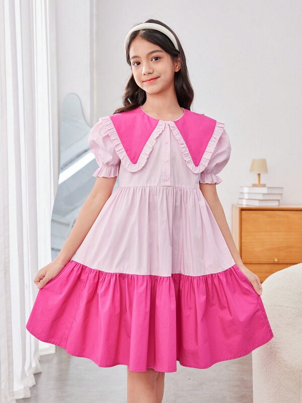 SHEIN Tween Girls' Loose Cute School Daily Color Block Bubble Sleeve Midi Dress