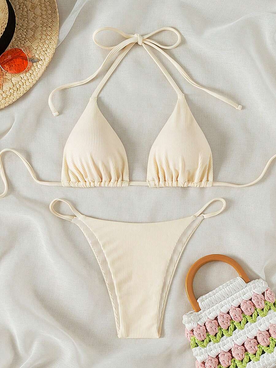 Swim Mod 2026 春夏女款度假特製面料細肩帶掛脖杏色性感丁字褲兩件式比基尼泳衣套裝 - 杏色 - 查看 1