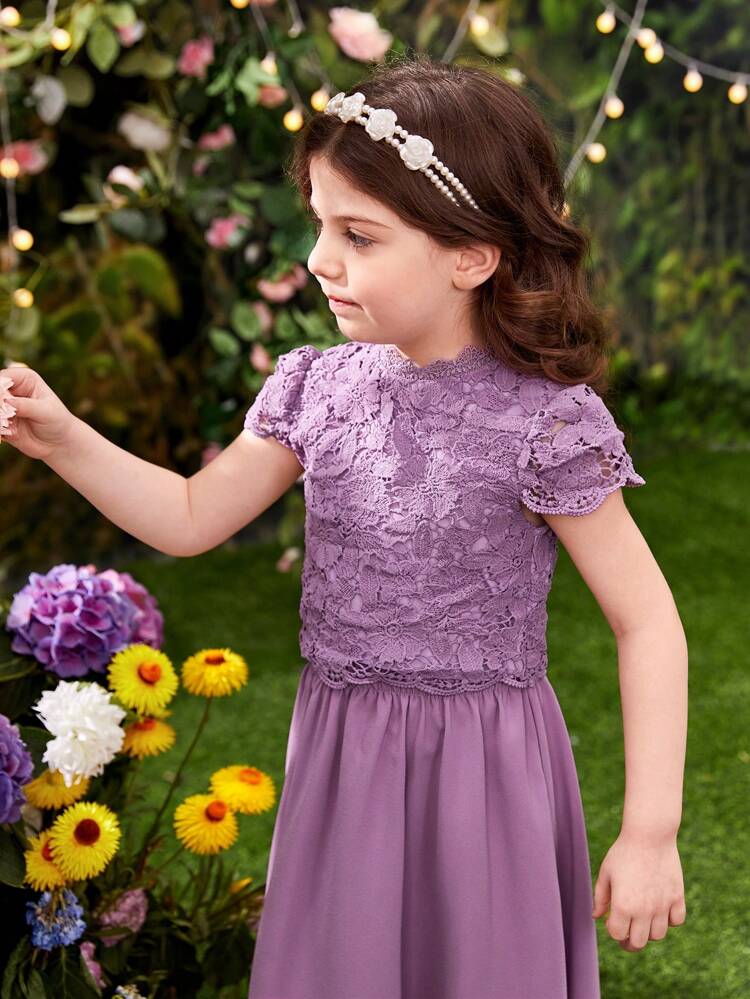 Young Girl Short-Sleeved Stand Collar Lace Hem T-Shirt With Back Zipper And Long Skirt Style 2-Piece Set
