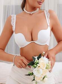 SHEIN Elegant White Embroidery Lace Push Up Bra For Women Sexy Lingerie Bridal Underwear - White - View 1