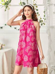 SHEIN Leap Crew Teen Girl Tropical Print Tie Back Halter Neck Dress - Hot Pink - View 6