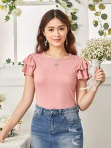 SHEIN Leap Crew 少女編織提花紋理雙層荷葉邊短袖休閒t恤 - 粉色 - 查看 6