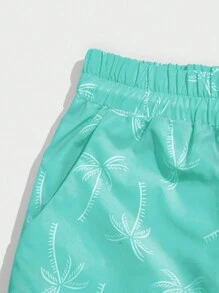 ROMWE MEN Street Life Men's Coconut Tree Printed Drawstring Waist Casual Shorts With Slanted Pockets