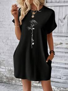 INAWLY 女士玫瑰花印花蝙蝠袖連身裙