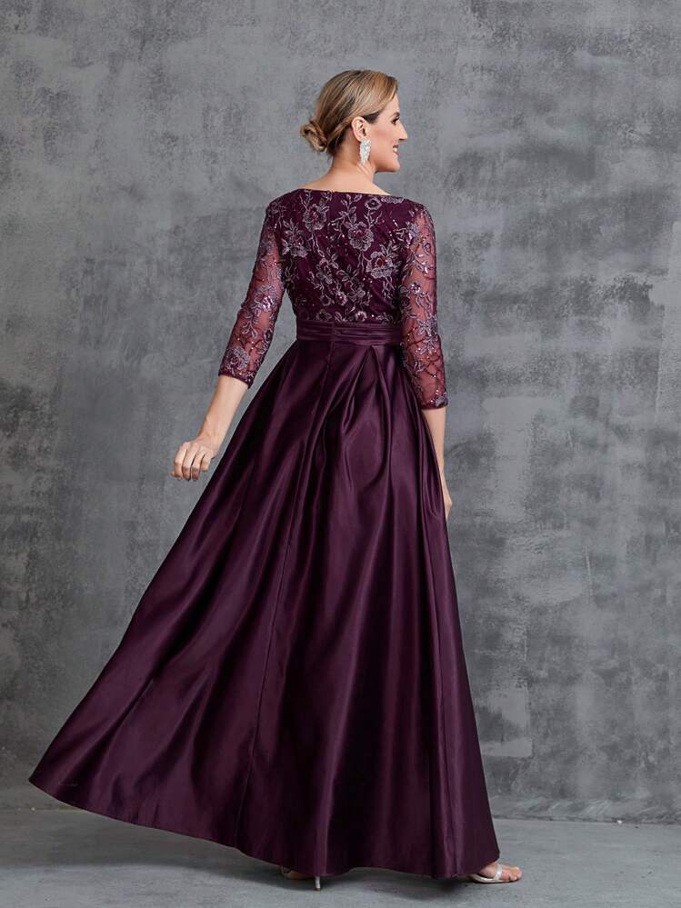 Faeriesty Este vestido de invitada de boda de la marca Mosy con escote en V, mangas 3/4 y falda evasé presenta un corpiño de encaje y una falda de satén, adecuado para bodas, ceremonias formales, banquetes, galas y eventos de iglesia. Elegante primaveral - Rojo violeta - Añade 2