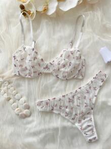 PetitDoll 婚礼季蝴蝶印花透明网眼聚拢文胸和内裤套装（带钢圈）女士内衣