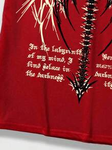 ROMWE MEN Grunge Punk Camiseta de Manga Curta Masculina com Impressão de Asa e Letra, Escola - Vermelho - Visão 3
