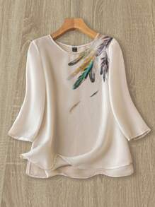 EMERY ROSE Women's Feather Pattern Round Neck Shirt - Apricot - View 1