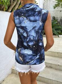 SHEIN Essnce Của phụ nữ Hoa văn đá cẩm thạch Không tay Áo sơ mi Với Vai - Màu xanh lam - Xem 2