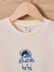 SHEIN Young Boys' Cute Comfortable Astronaut Pattern Print Short Sleeve T-Shirt That Goes With Everything - Apricot - View 5