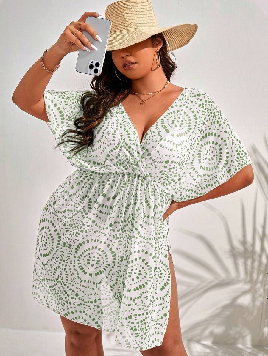 SHEIN Clasi Plus Size Women's Tie-Dye Waist-Cinched Cover Up Dress, Short Sleeve Cruise Outfit Beach Outfit Vacay Vibe Summer - Olive Green - View 1