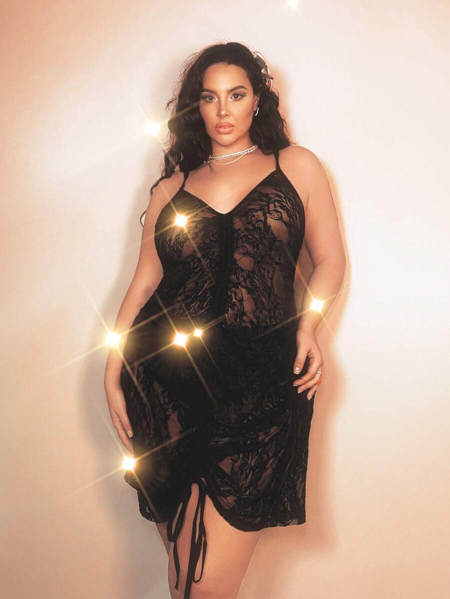 SHEIN Swim Curve Plus Size Drawstring Lace Cami Cover-Up Dress, Beach Outfit Music Festival Vacay Vibe Summer - Black - View 1