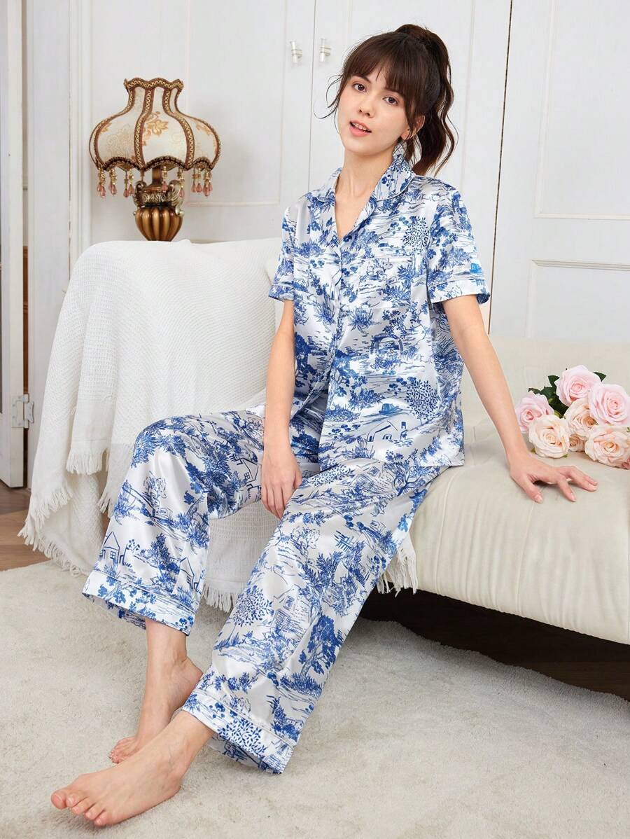 SHEIN 青少年女孩編織印花拼布萌芽短袖襯衫和褲子休閒家居服 2 件套