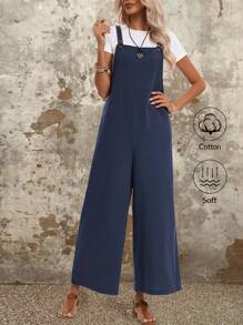 EMERY ROSE Women's Summer Solid Color Wide Leg Jumpsuit Cotton Jumpers And Women Rompers - Blue - View 5