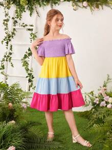 SHEIN Cô gái Tween Dễ thương Giải trí Bỏ khỏi vai Ngắn tay Xù Hoa Sen Tương phản Màu sắc Đầm Midi - Nhiều màu - Xem 3