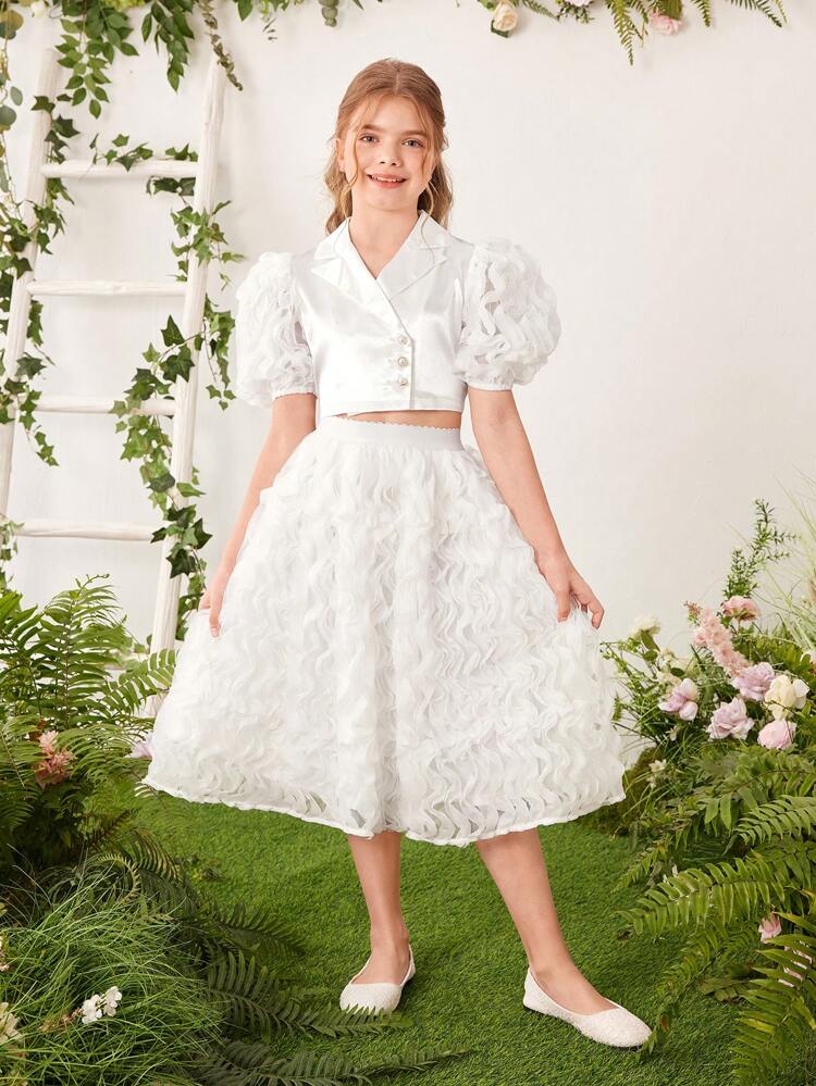 Tween Girl Pearl Button Shirt With Puff Sleeve And Tulle Skirt Two Pieces Set, Spring/Summer