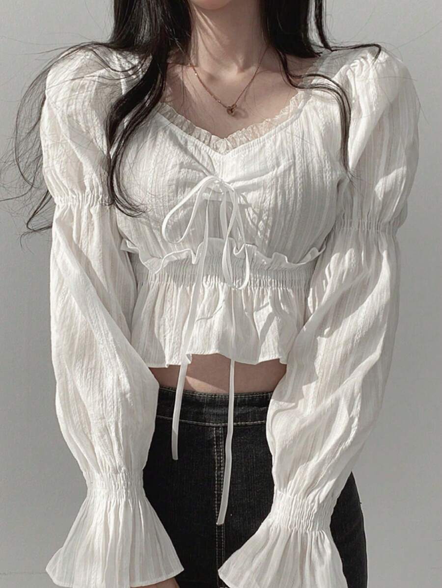 Áo croptop tay loe màu trơn dáng suông dành cho nữ, màu trắng, thích hợp cho mùa xuân/hè. - trắng - Xem 1