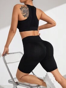 SHEIN Daily&Casual 單色高腰運動短褲 - 黑色 - 查看 4