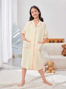 SHEIN Tween Girl Loose Cute Collared Short Sleeve Nightdress With Pocket - Apricot - View 1