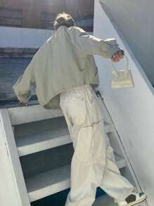 DAZY 純色寬鬆長袖拉鍊口袋束口下擺夾克 - 綠色 - 查看 7