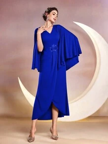 Modelyn Women's Solid Color Cape Wrap Dress Long Evening Dresses - Blue - View 3