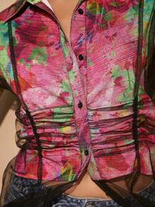 SHEIN Unity 褶饰网眼覆盖印花纽扣上衣 - 彩色 - 查看 6