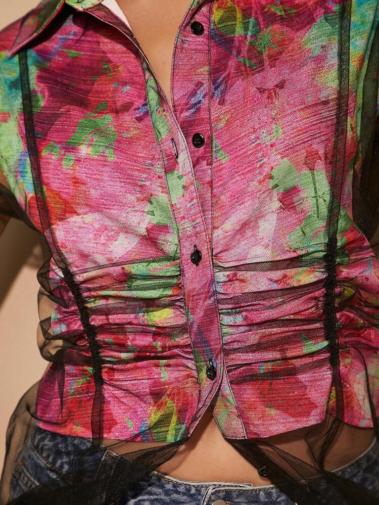 Ruched Mesh Overlay Print Button Top