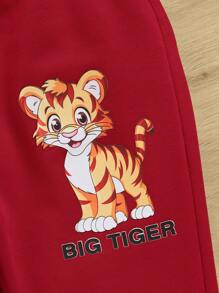 SHEIN Cartoon Tiger & Letter Graphic Short Sleeve Colorblocked T-Shirt And Long Pants Set For Baby Boy - Red - View 8