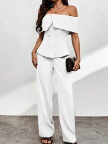 Firerie Women's Foldover Off Shoulder Double-Breasted Top And Long Pants Two Pieces Set