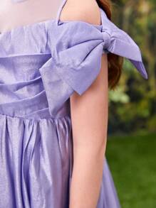 SHEIN Vestido De Malha Com Mangas Curtas E Gola Redonda Para Meninas Com Detalhes Em Malha, Tecido Metálico, Frente Plissada E Enfeite De Laço - Lavanda - Visão 6