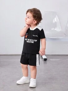 SHEIN 嬰兒男童2入組休閒街頭風格運動日常服裝,包括字母印花t恤和短褲,適用於春季,夏季和戶外活動