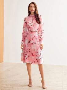 MOTF PREMIUM 絲光植物印花鑰孔領氣球袖連身裙 - 彩色 - 查看 6