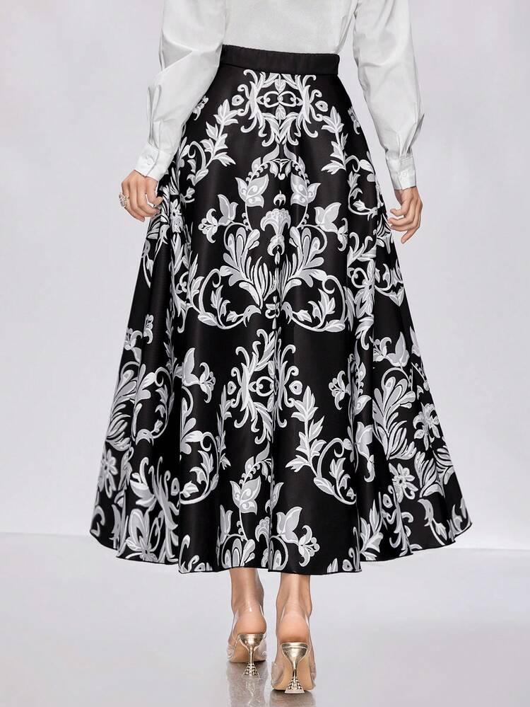 High-Waisted Elastic Allover Print Pleated Skirt