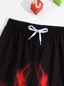 Shorts De Playa De Cintura Elástica Para Niños Con Estampado De Llamas, Traje De Baño Para Vacaciones De Verano - Rojo - Ver 3