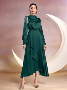 Modelyn 女款阿拉伯風格疊領流蘇袖下擺拼佈設計連身裙