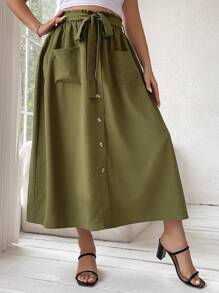 Flirla Kích thước lớn Màu thuần Thắt lưng túi giấy Váy chữ A Với Mặt trước Nút Khép kín - xanh quân đội - Xem 3