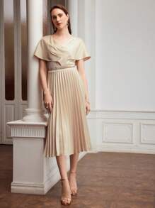 MOTF PREMIUM TWO TONE SURPLICE NECK BATWING SLEEVE PLEATED HEM DRESS,HOLIDAY PARTY BIRTHDAY FORMAL EVENING OCCASSION - Khaki - View 6