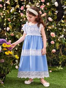 SHEIN Young Girl Sweet And Cute Lace Trim Decorated Patchwork Ruffle Dress For Summer - Blue and White - View 8