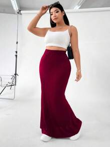 SHEIN Coolane Plus Size Solid Color Stretchy High Waist Mermaid Hem Skirt - Burgundy - View 3