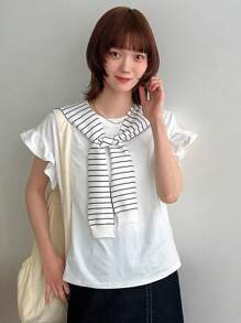 DAZY Women's Striped Poncho, Business Casual Knitted Top,Ruffle - White - View 9