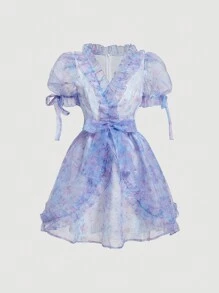 SHEIN MOD 整體花卉印花泡泡袖荷葉邊腰帶禮服裙 - 紫色 - 查看 1