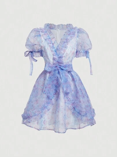 SHEIN MOD 整體花卉印花泡泡袖荷葉邊腰帶禮服裙
