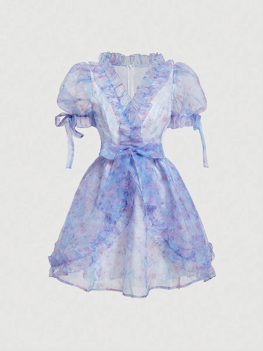 SHEIN MOD 整體花卉印花泡泡袖荷葉邊腰帶禮服裙 - 紫色 - 查看 1