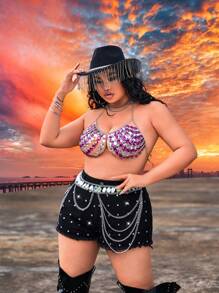 SHEIN SXY Plus Size Spring Summer Rave Party Music Festival Country Concert Diamond Chain Neck Halter Top - Multicolor - View 8