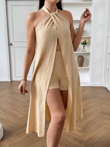 SHEIN Clasi Conjunto de dos piezas de talla grande con top halter de un solo color y pantalones cortos con bajo dividido - Caqui - Ver 4