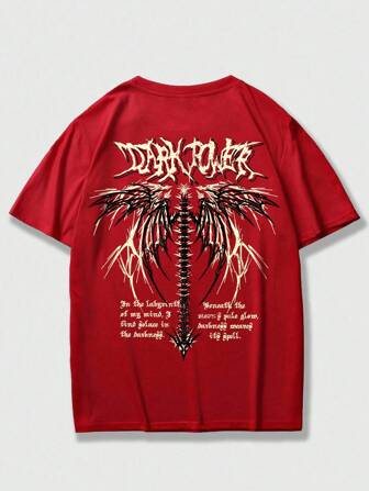 Grunge Punk Camiseta de manga corta con estampado de alas y letras para hombres, escuela