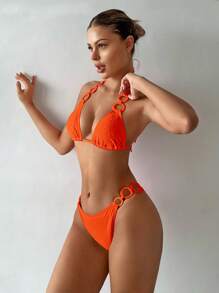 SHEIN Swim Summer Beach Solid Textured Ring Detail Two-Piece Bikini Set Bathing Suit - Orange - View 4