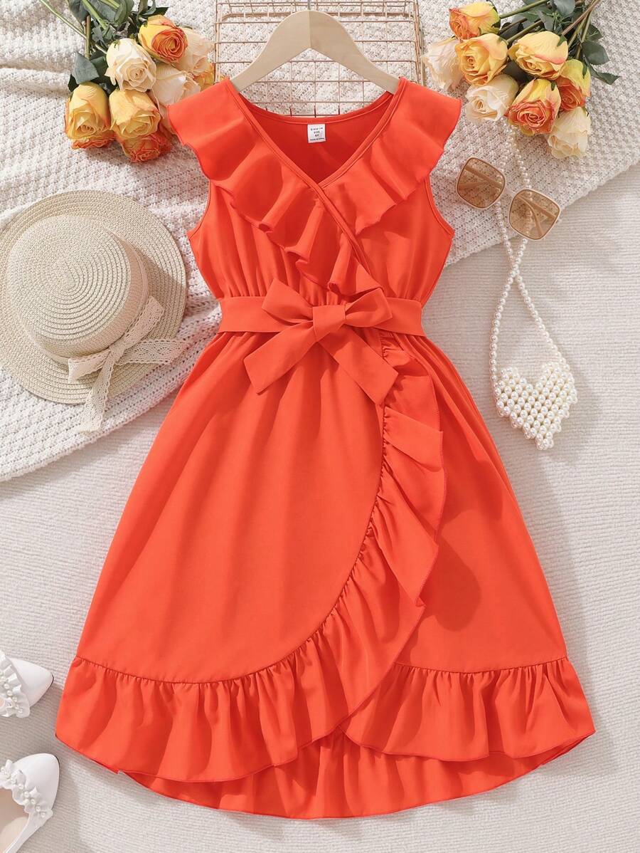 Vestido De Niña Preadolescente Con Dobladillo Con Volantes Envuelto En Color Sólido - Naranja - Ver 1